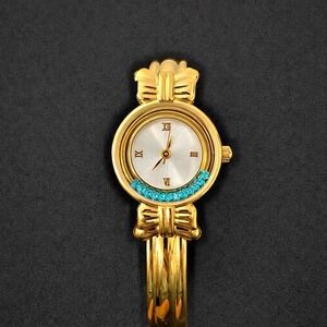 Gold Tone Bracelet Watch Floating turquoise Rhinestone Bezel Japan Quartz Y2K